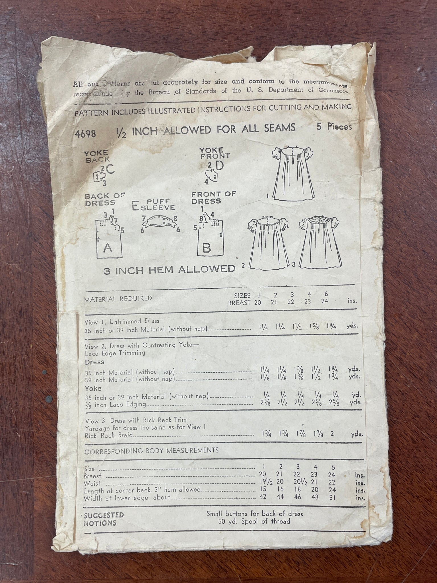 1950's Advance 4698 Pattern - Toddler's Dress