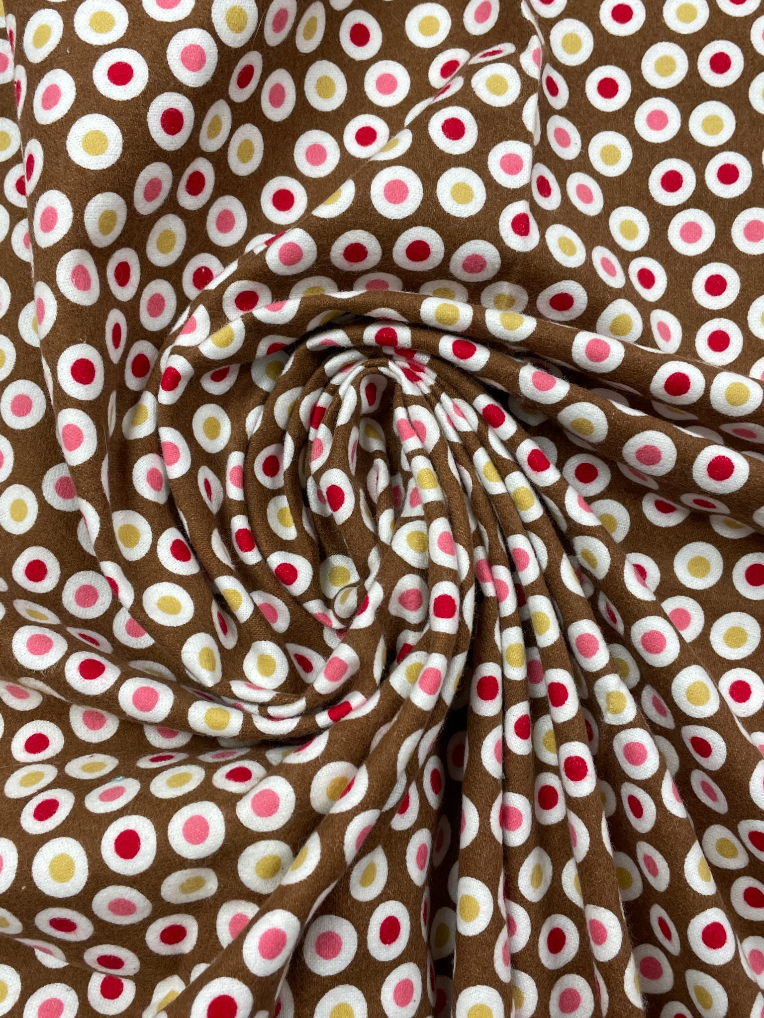 SALE 3 YD Cotton Flannel - Brown with Polka Dots in Off White and Pinks