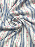 3 YD Poly/Cotton Blend Yarn-Dyed Stripe - White with Pink Floral and Blue Geometric Stripes