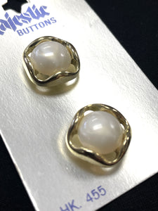 Buttons Plastic Set of 2 Vintage - "Pearls" Set in Square Gold Rings