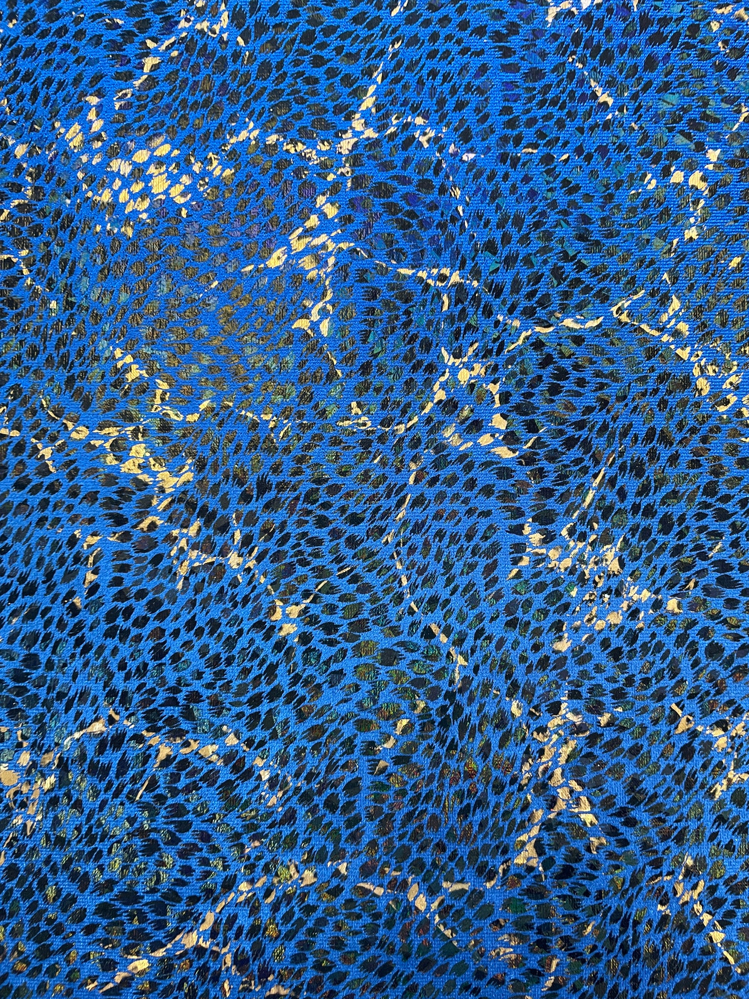 Polyester Panne Velvet - Blue Printed with Metallic Gold and Rainbow Holographic