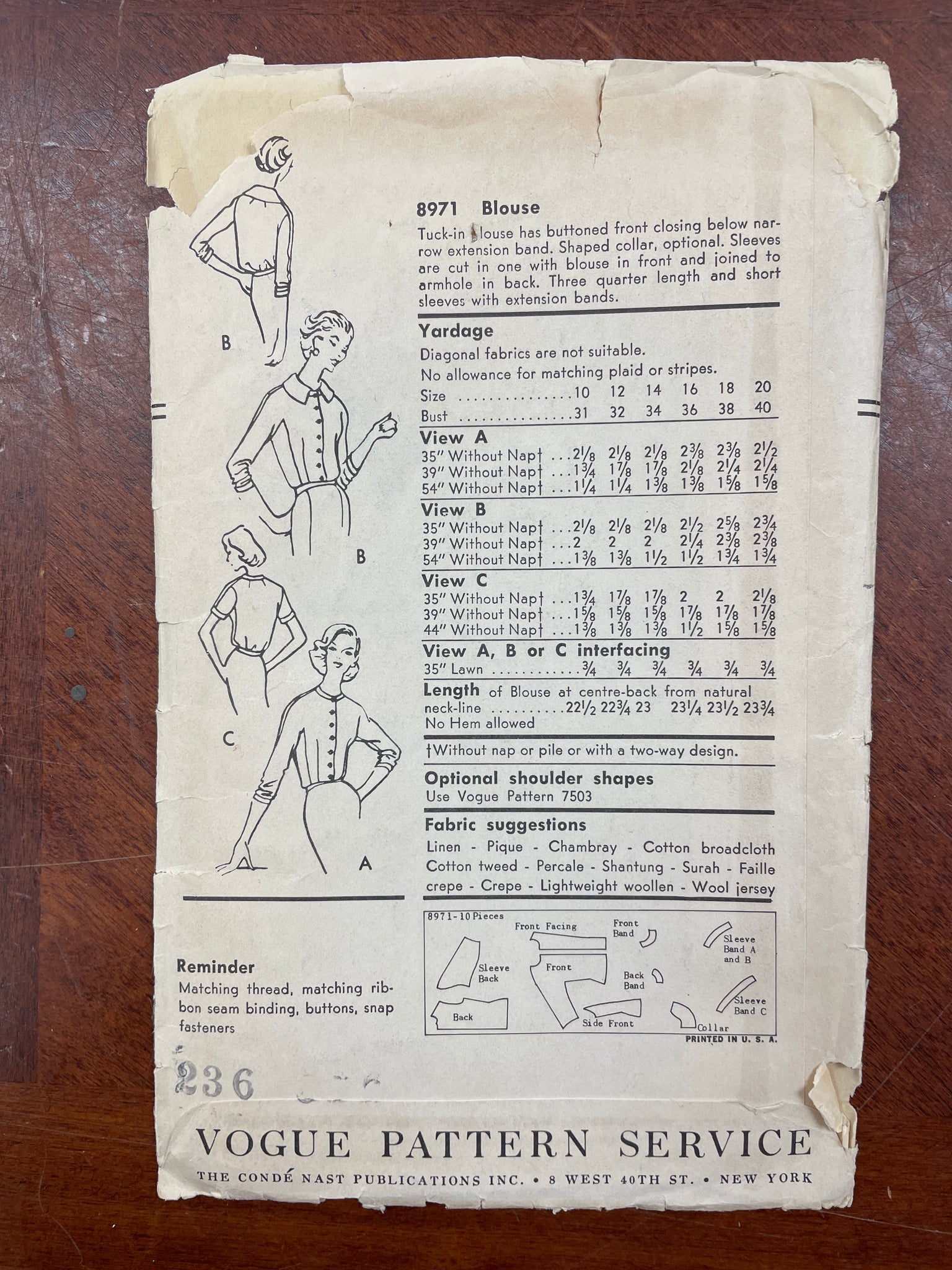 1956 Vogue 8971 Pattern - Blouses FACTORY FOLDED