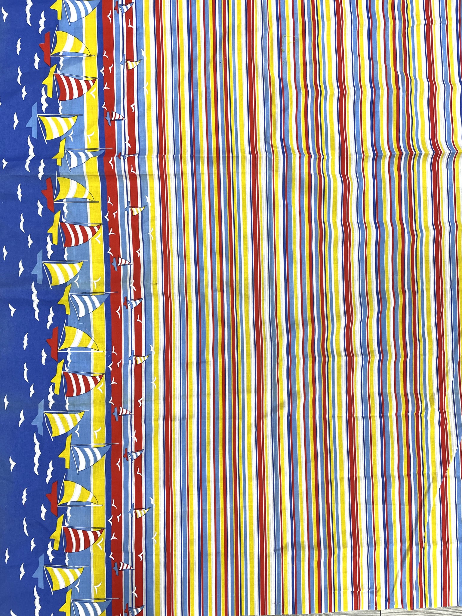 2 YD Cotton/Poly with Border Batiste Vintage - Red, Yellow, Blue and White Stripes with Sailboats