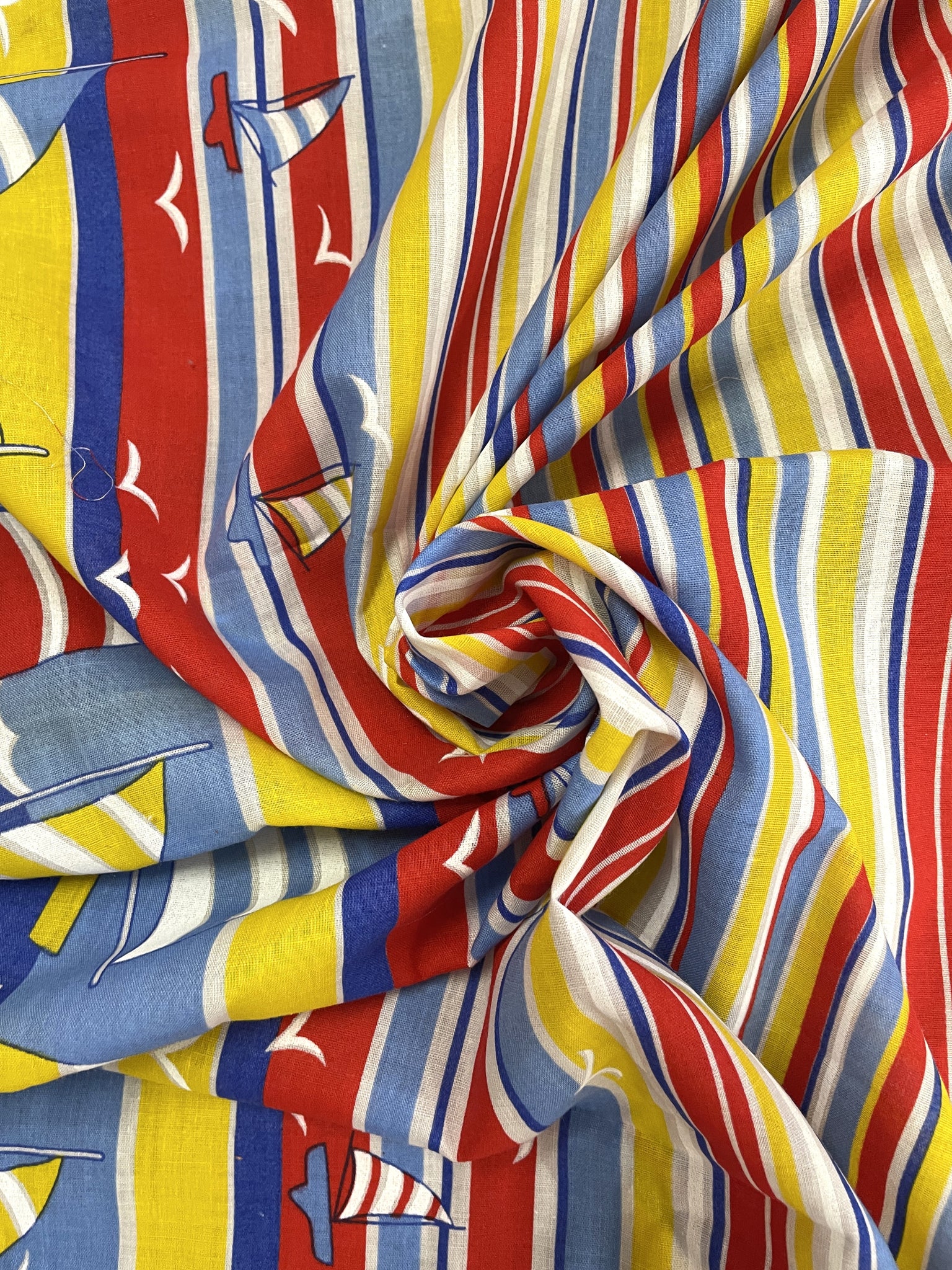 2 YD Cotton/Poly with Border Batiste Vintage - Red, Yellow, Blue and White Stripes with Sailboats