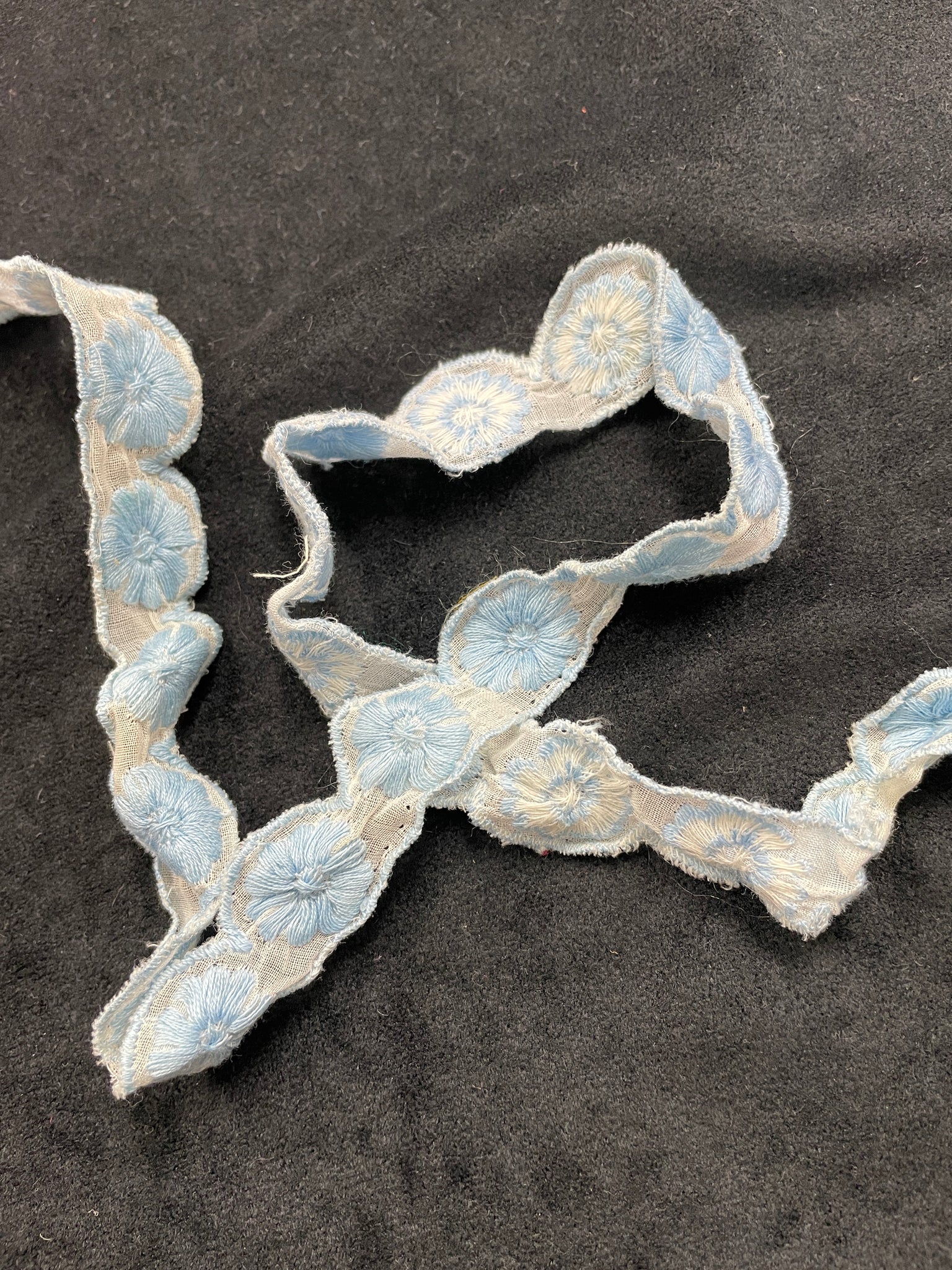 2+ YD Cotton Embroidered Scalloped Lace Vintage - White With Blue Flowers