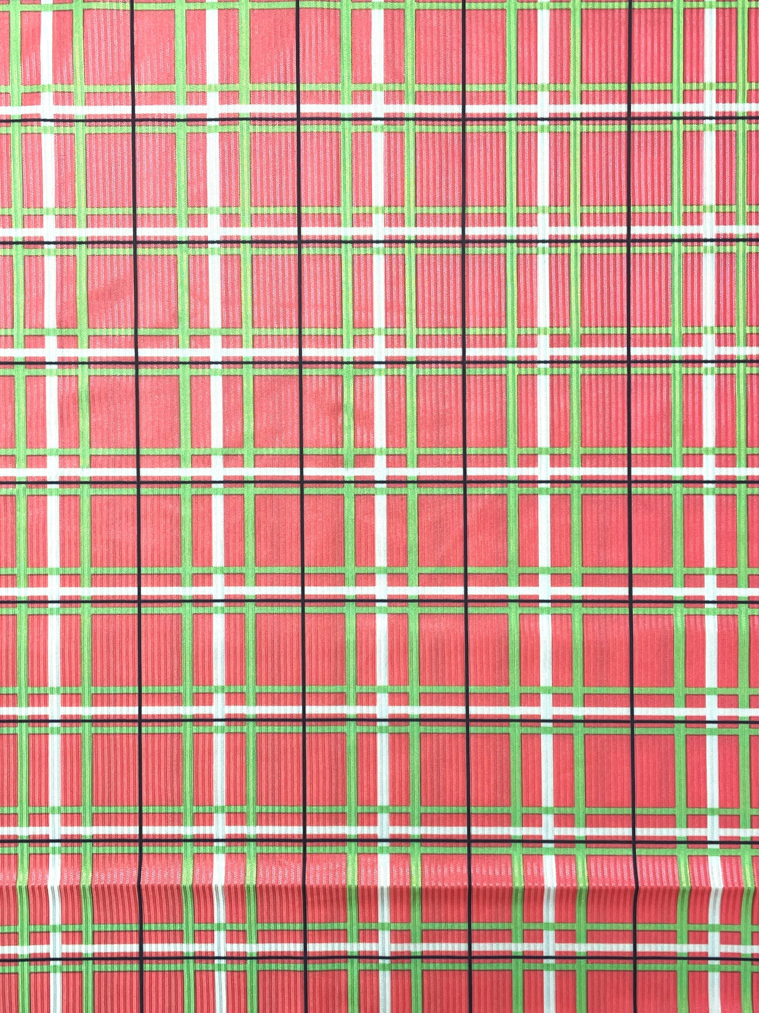 3 3/4 YD Nylon with Self Satin Stripe Printed Plaid Knit - Bright Coral Orange with Bright Green, White and Black