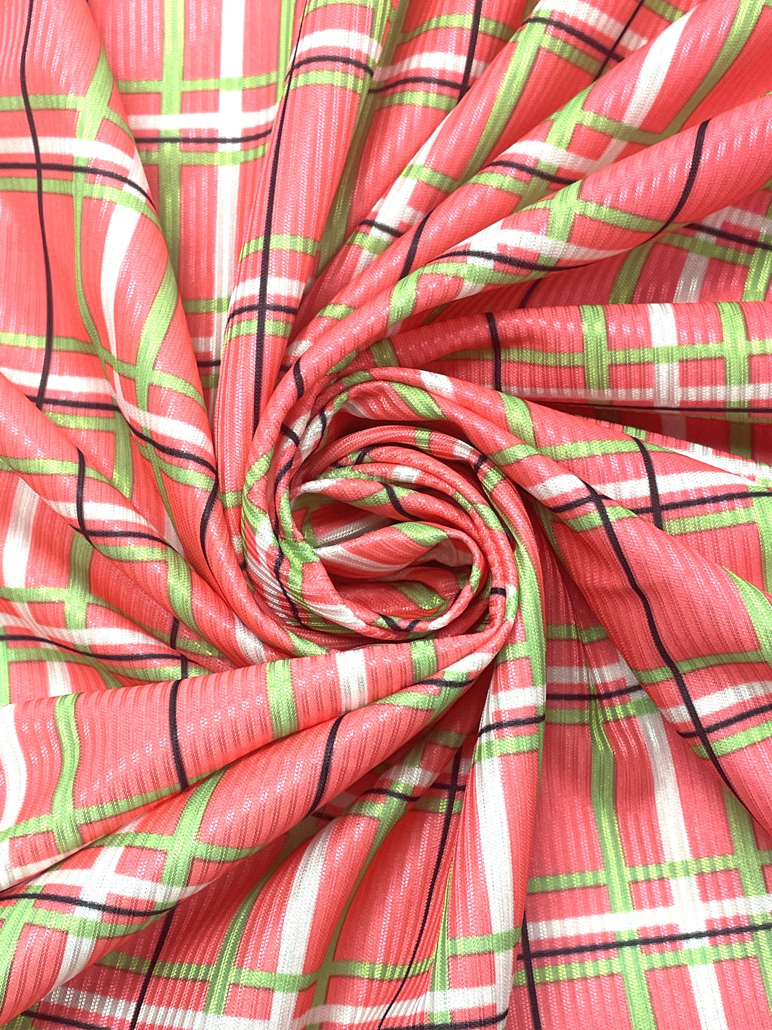 3 3/4 YD Nylon with Self Satin Stripe Printed Plaid Knit - Bright Coral Orange with Bright Green, White and Black