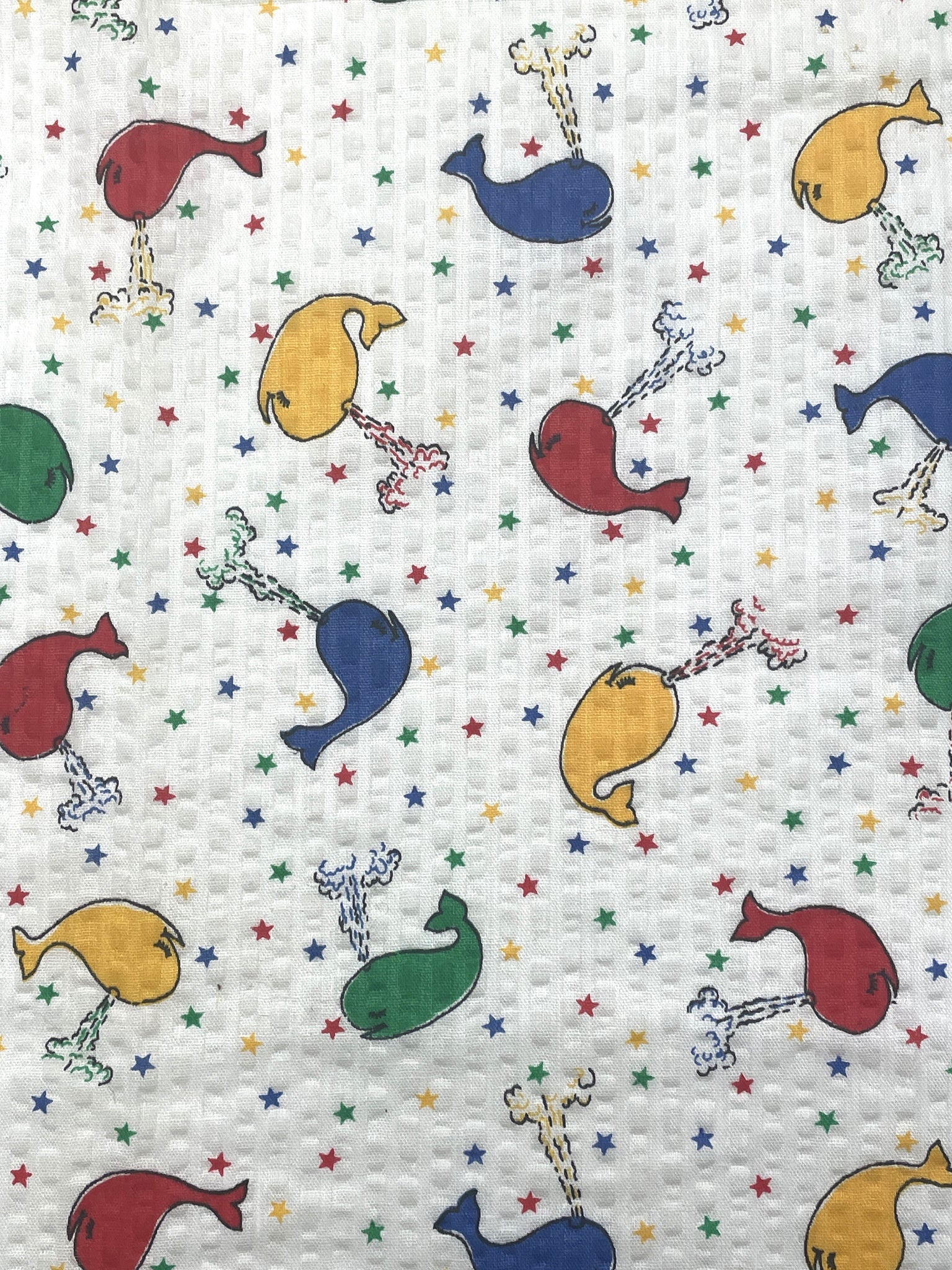 1 1/8 YD Cotton/Poly Seersucker Vintage - White with Multi Colored Whales and Stars