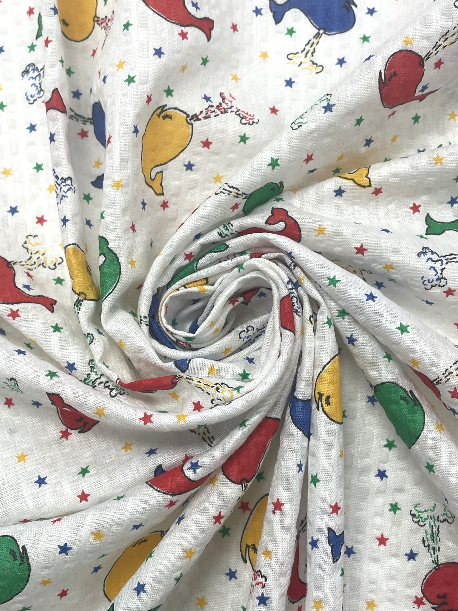 1 1/8 YD Cotton/Poly Seersucker Vintage - White with Multi Colored Whales and Stars