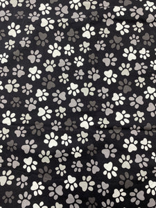 1 YD Quilting Cotton EXTRA WIDE - Black with Paw Prints in White and Grays