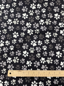 1 YD Quilting Cotton EXTRA WIDE - Black with Paw Prints in White and Grays