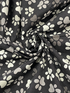 1 YD Quilting Cotton EXTRA WIDE - Black with Paw Prints in White and Grays