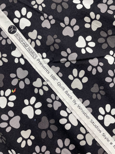 1 YD Quilting Cotton EXTRA WIDE - Black with Paw Prints in White and Grays