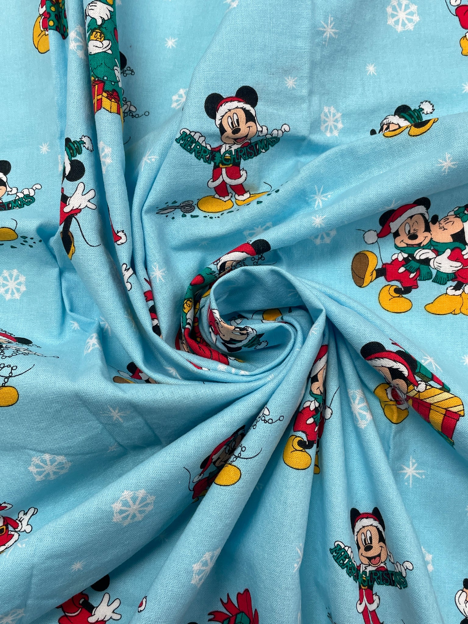 2020 1 1/2+ YD Quilting Cotton - Light Blue with Christmas Mickey and Minnie Mouse