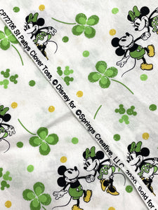 2020 1 3/8 YD Quilting Cotton - White with Shamrocks, Mickey and Minnie Mouse