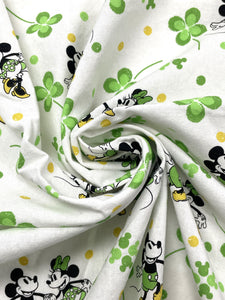 2020 1 3/8 YD Quilting Cotton - White with Shamrocks, Mickey and Minnie Mouse