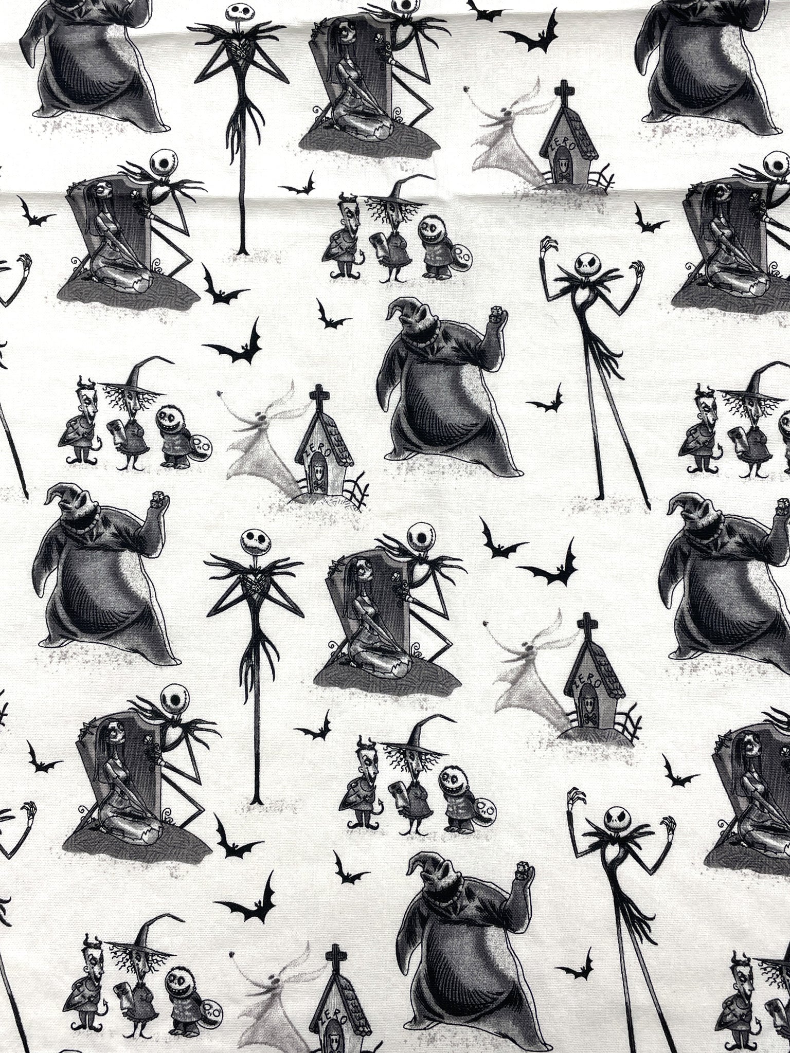 2020 4 YD Quilting Cotton - White with Black and Gray "Nightmare Before Christmas" Characters