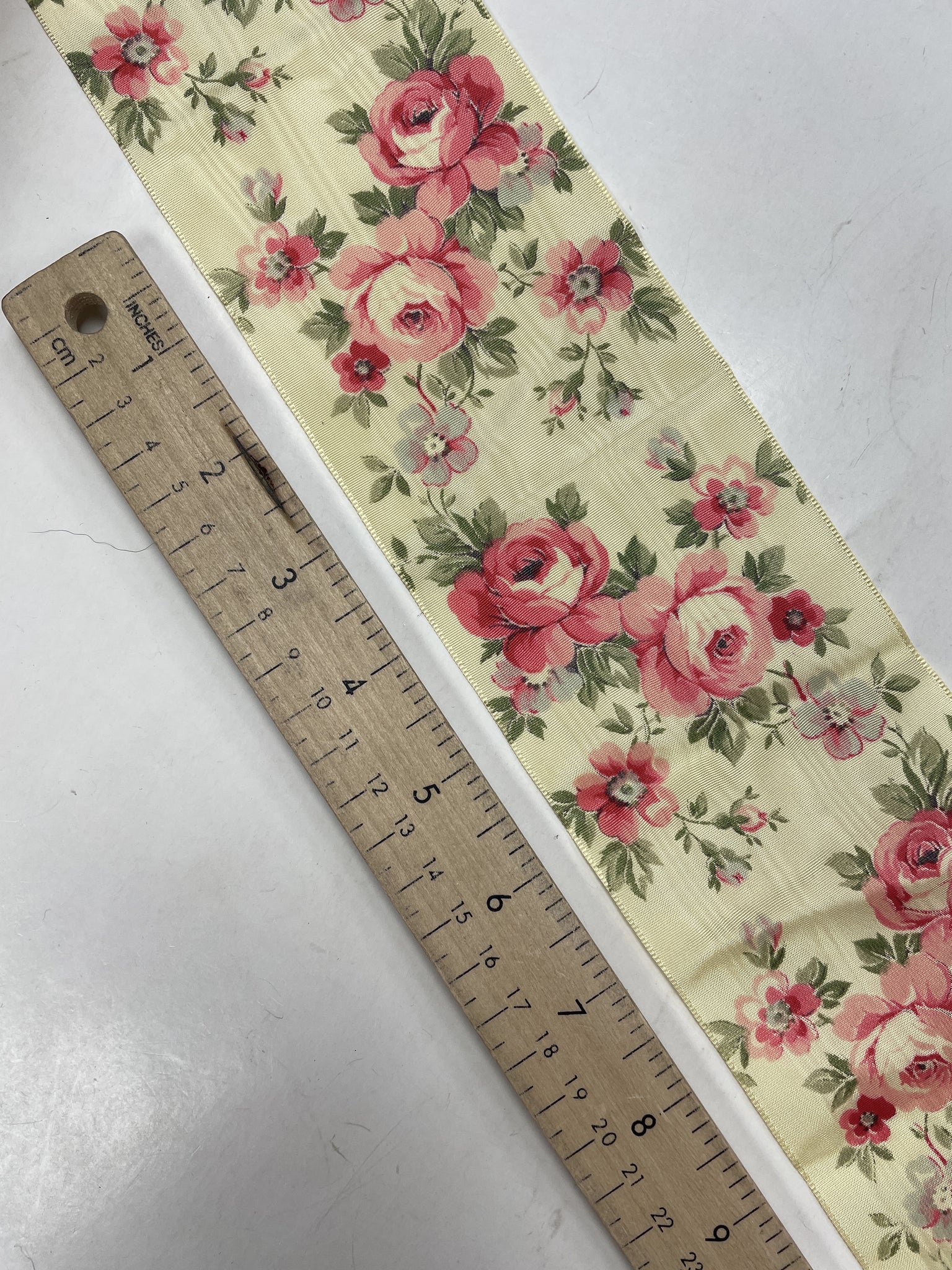 2 YD Silk Moiré Ribbon Vintage - Yellow with Pink Roses