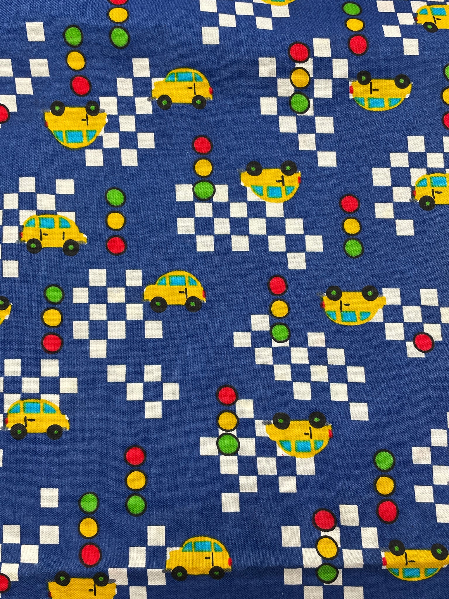 2 1/2 YD Quilting Cotton Vintage - Blue with White Squares and Yellow Cars