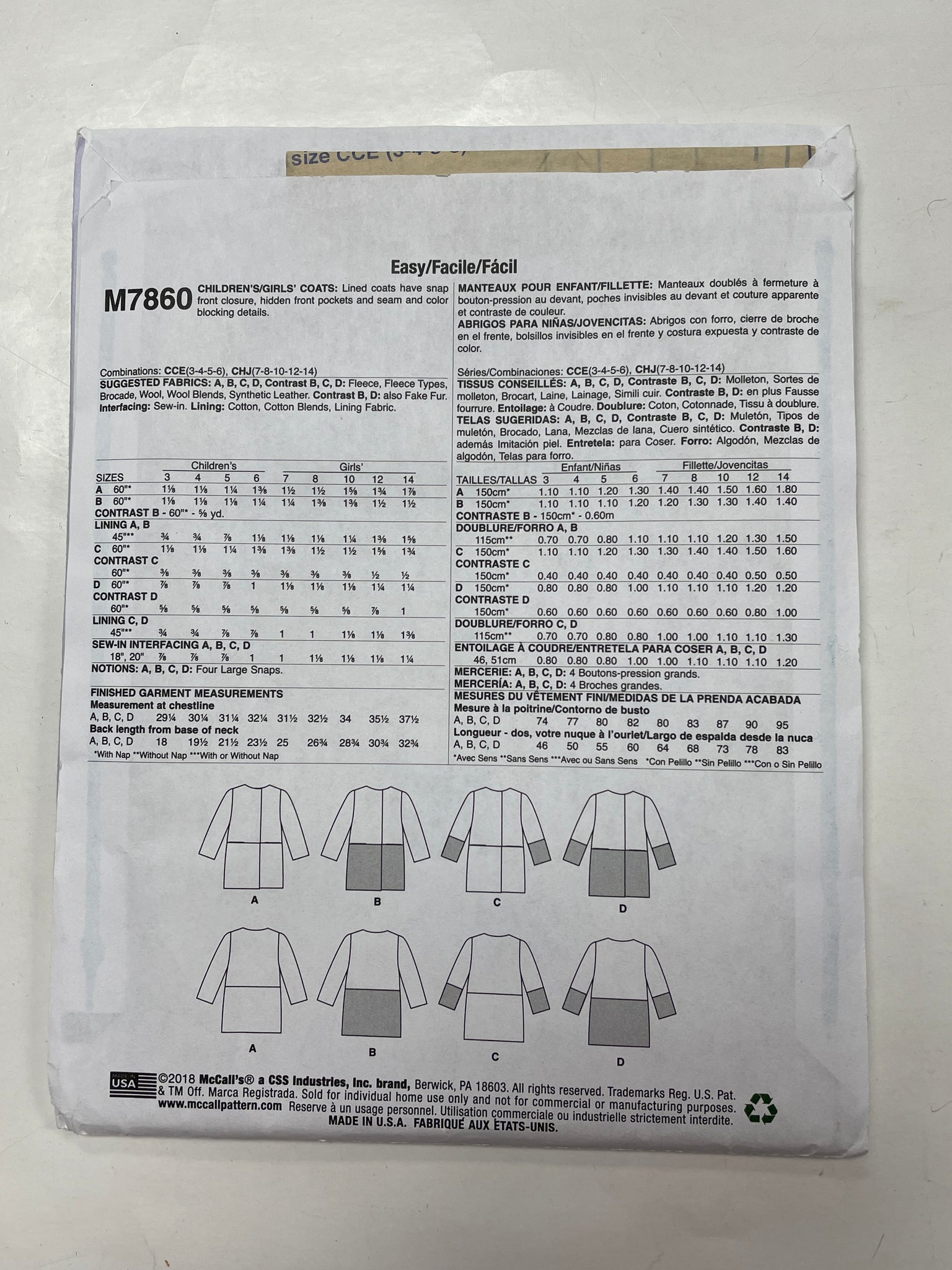 SALE 2018 McCall's 7860 Pattern - Child's Coats FACTORY FOLDED