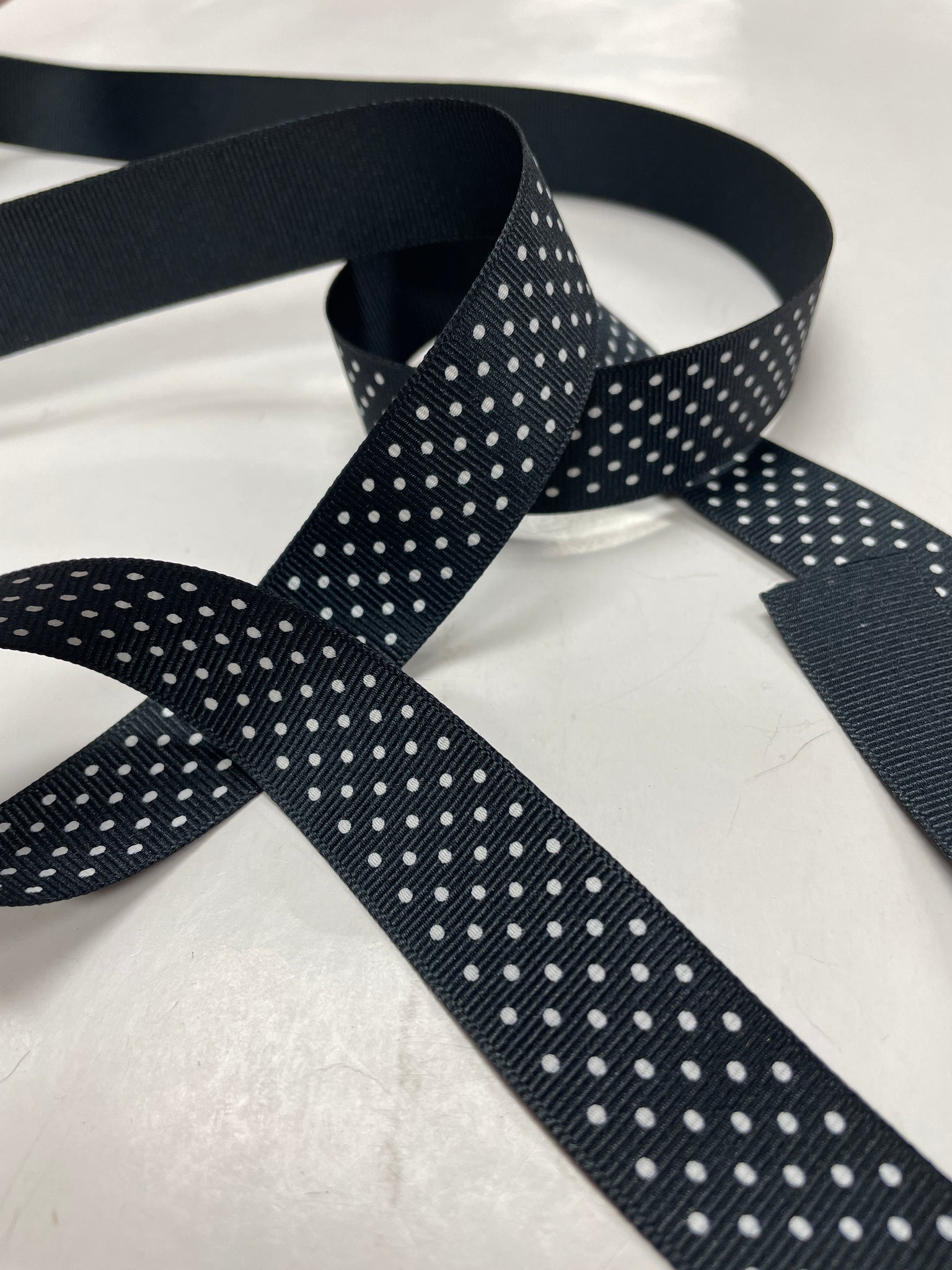 SALE 3 3/8 YD Poly Grosgrain Ribbon - Black with White Polka Dots