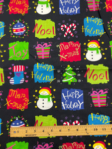 1+ YD Quilting Cotton Remnant - Black with Christmas Graphics