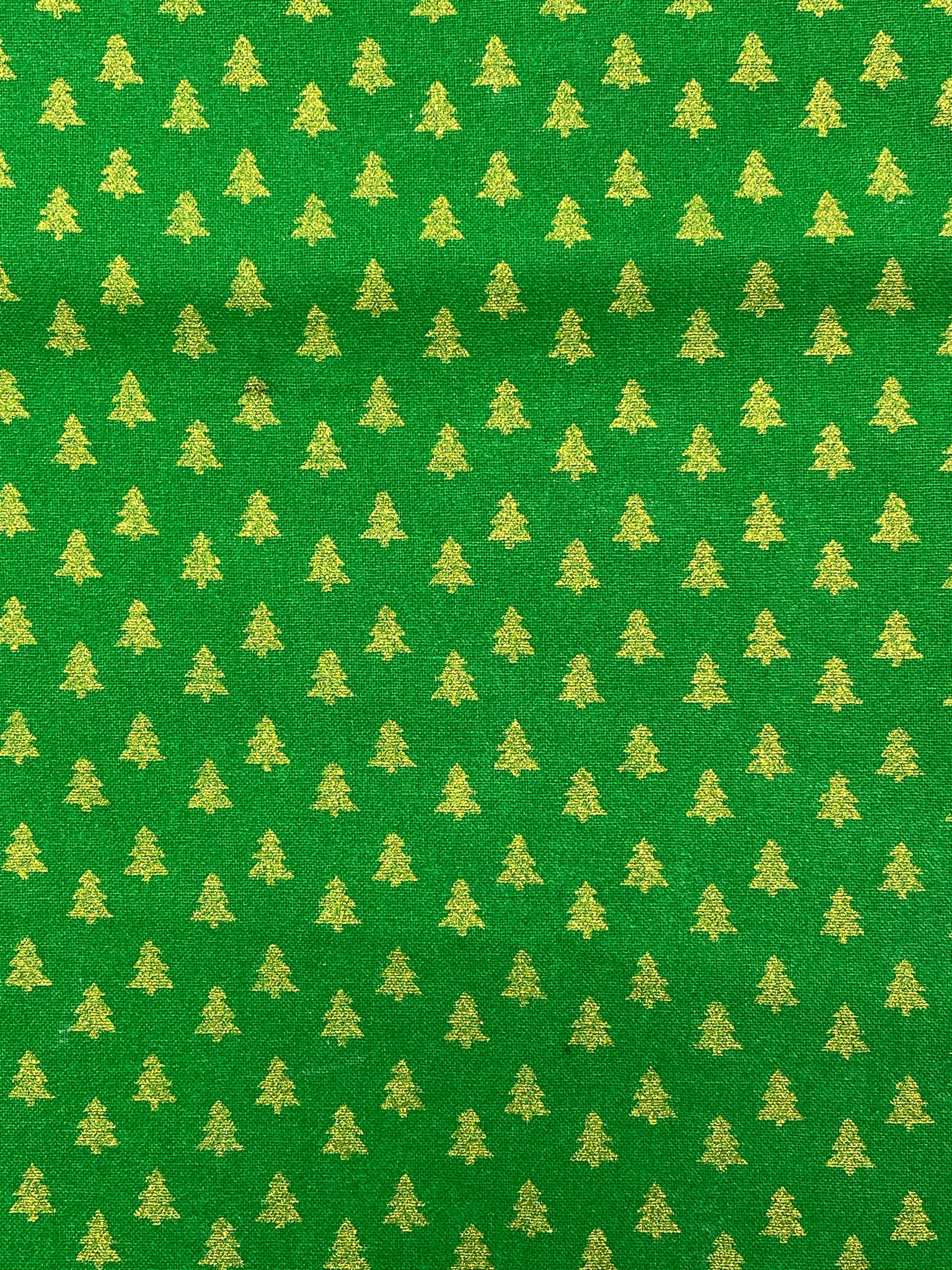 2 YD Quilting Cotton - Green with Metallic Gold Christmas Trees