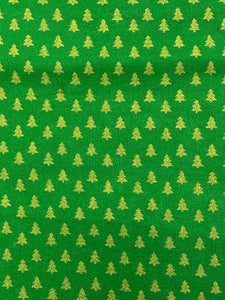 2 YD Quilting Cotton - Green with Metallic Gold Christmas Trees