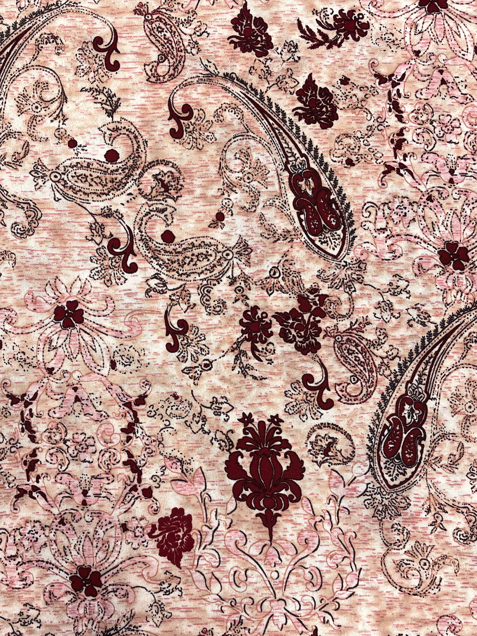 4 1/2+ YD Polyester - Rose Pink with Paisley and Maroon Flowers