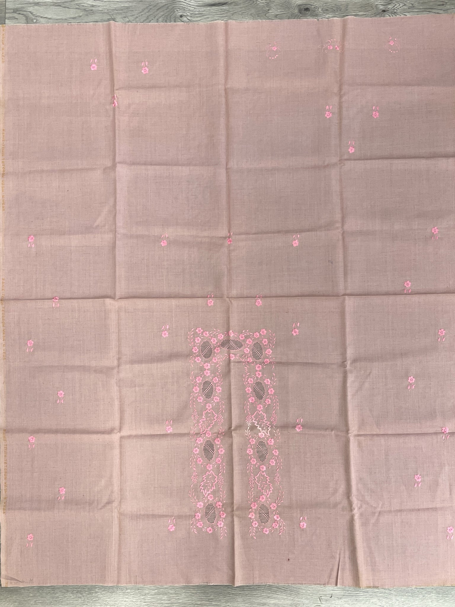 1 3/8 YD Ramie/Polyester Blend Panel Vintage - Rose Pink with Embroidery and Openwork