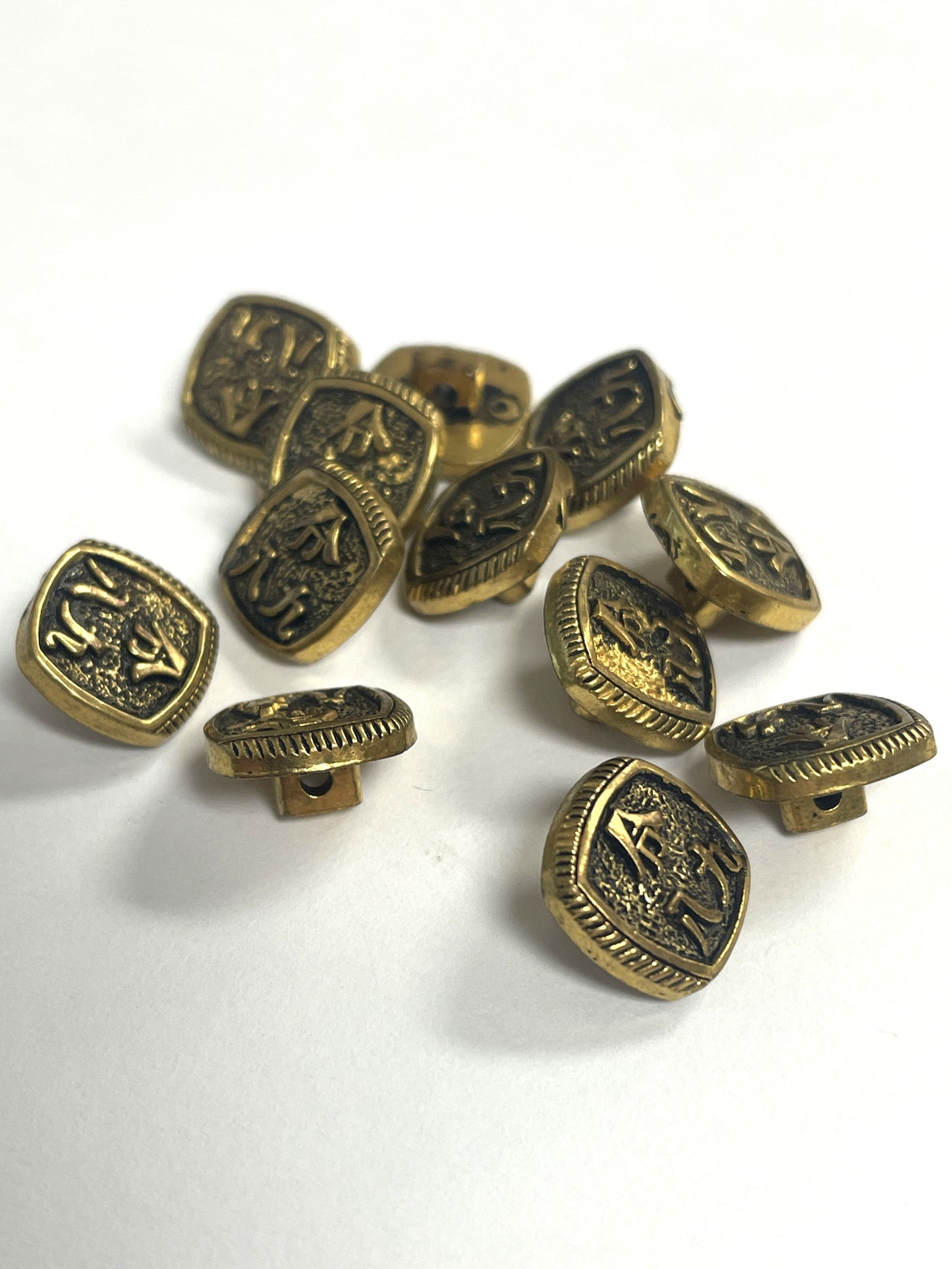 Buttons Plastic Set of 12 Vintage - "Brass" with Chinese Characters