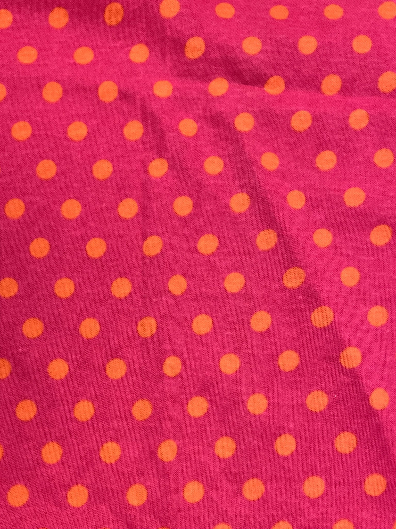 1 1/2 YD Poly/Cotton Knit Vintage - Hot Pink with Orange Polka Dots