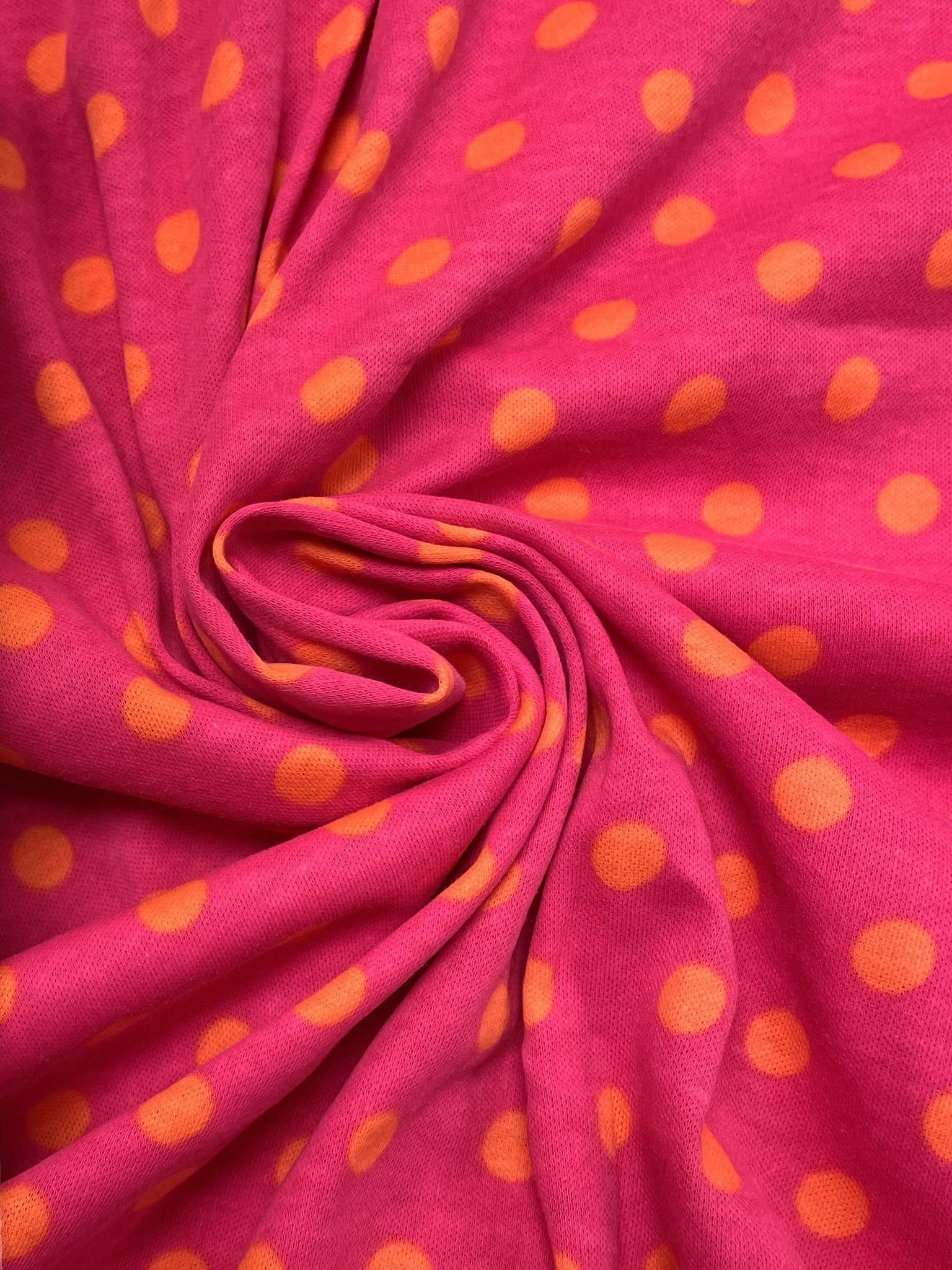 1 1/2 YD Poly/Cotton Knit Vintage - Hot Pink with Orange Polka Dots