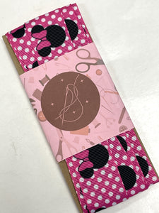 2+ YD Polyester Grosgrain Ribbon - Hot Pink with White Polka Dots and Minnie Mouse