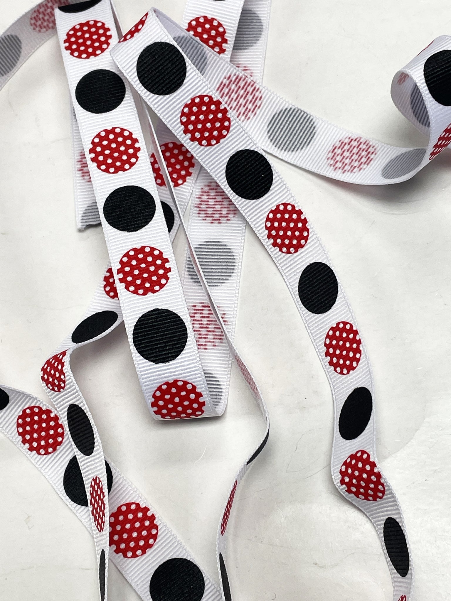 4+ YD Polyester Grosgrain Ribbon - White with Black and Red Polka Dots