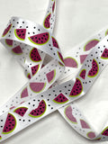 3 YD Polyester Satin Ribbon - White with Watermelon and Black Seed "Polka Dots"