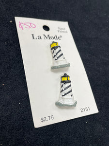 Button Plastic Hand Painted Set 2 - Black and White Light Houses