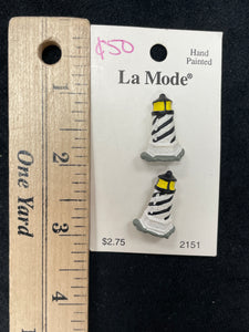 Button Plastic Hand Painted Set 2 - Black and White Light Houses