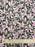 Quilting Cotton Vintage - Black with Pink Lilies and Subtle Gold Metallic Accents