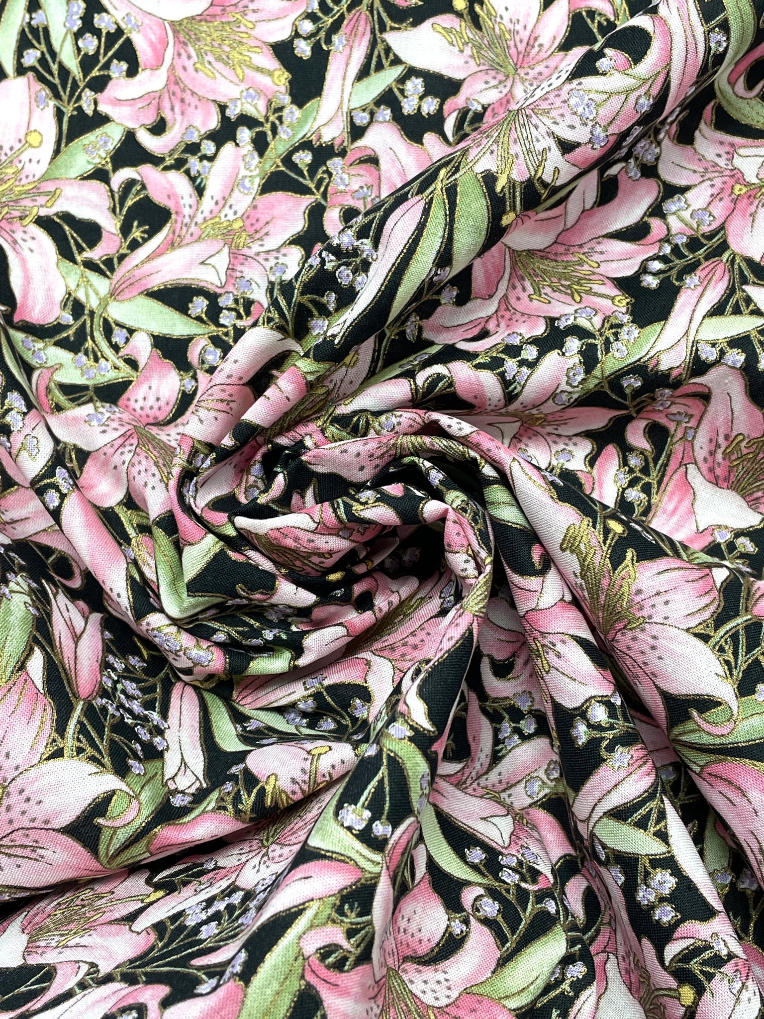 Quilting Cotton Vintage - Black with Pink Lilies and Subtle Gold Metallic Accents