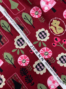 3 7/8 YD Cotton Pinwale Corduroy - Burgundy with Squirrels, Flowers and Trees