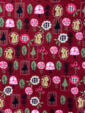 3 7/8 YD Cotton Pinwale Corduroy - Burgundy with Squirrels, Flowers and Trees