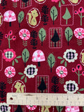 3 7/8 YD Cotton Pinwale Corduroy - Burgundy with Squirrels, Flowers and Trees