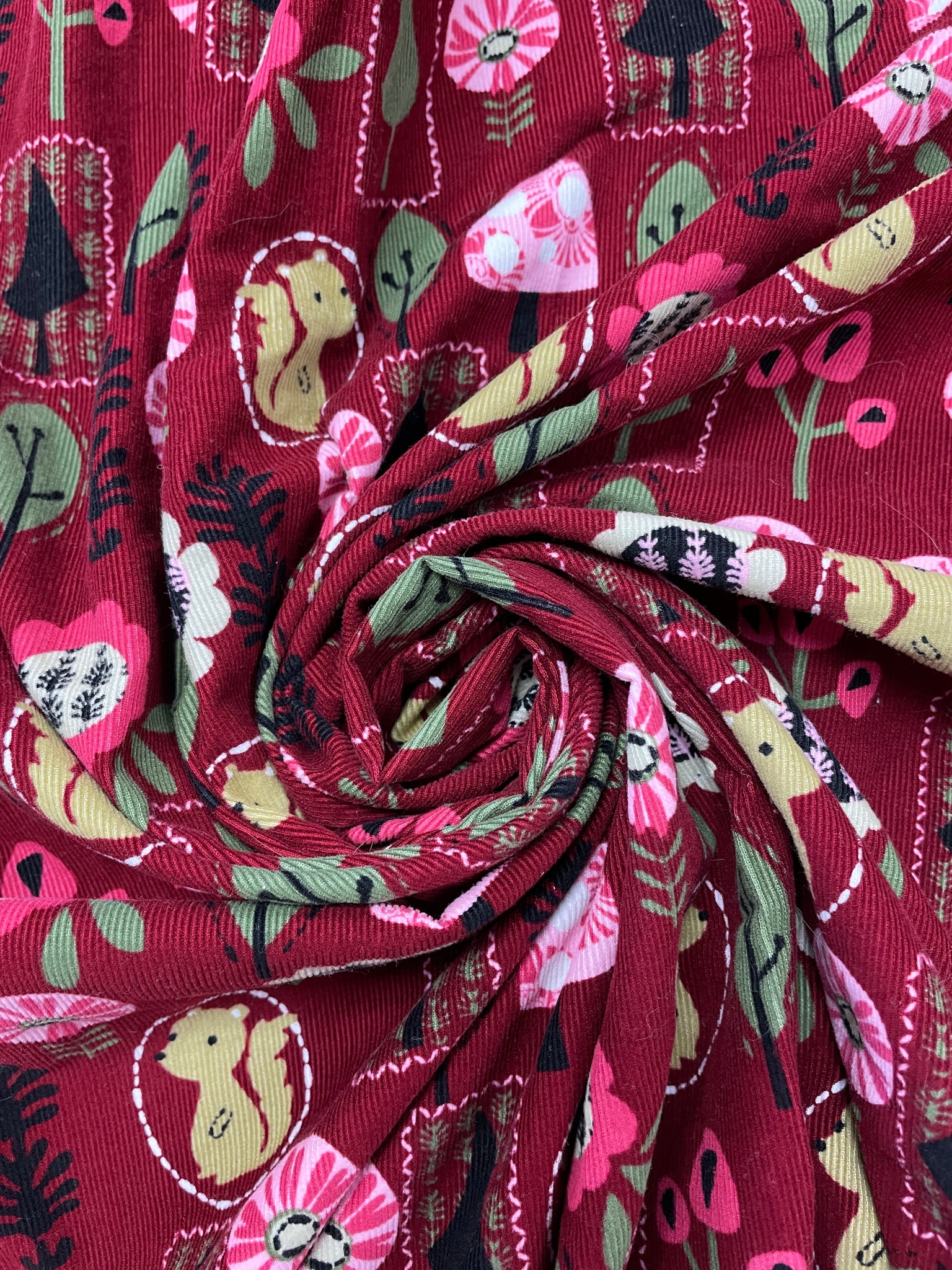 3 7/8 YD Cotton Pinwale Corduroy - Burgundy with Squirrels, Flowers and Trees