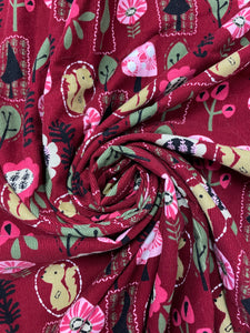 3 7/8 YD Cotton Pinwale Corduroy - Burgundy with Squirrels, Flowers and Trees