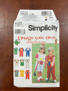 1996 Simplicity 9525 Pattern - Toddlers' Jumpsuit and Bib FACTORY FOLDED