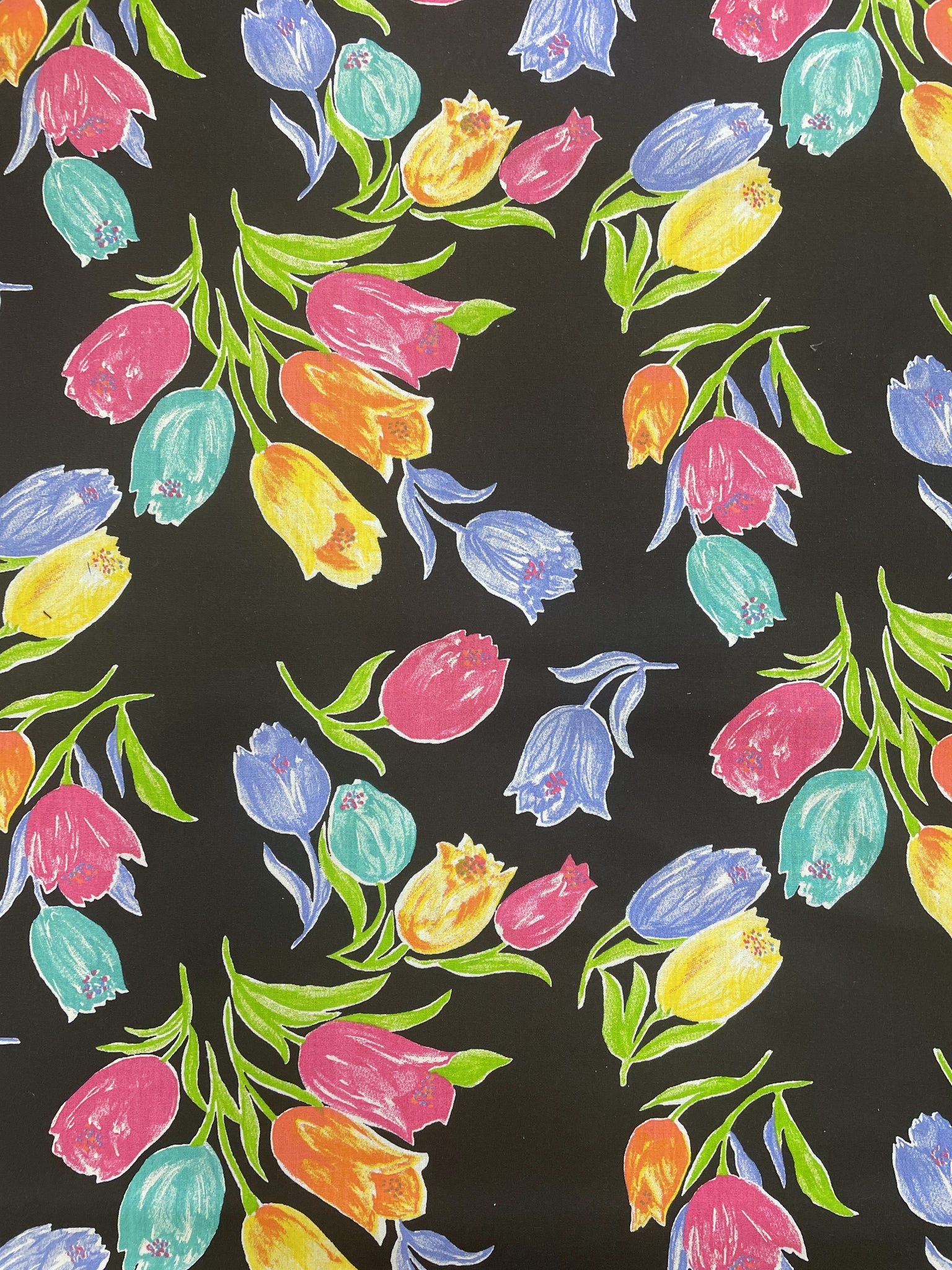 Cotton/Poly Vintage - Black with Large, Bright Tulips