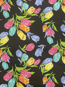 Cotton/Poly Vintage - Black with Large, Bright Tulips