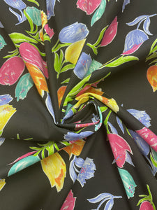 Cotton/Poly Vintage - Black with Large, Bright Tulips