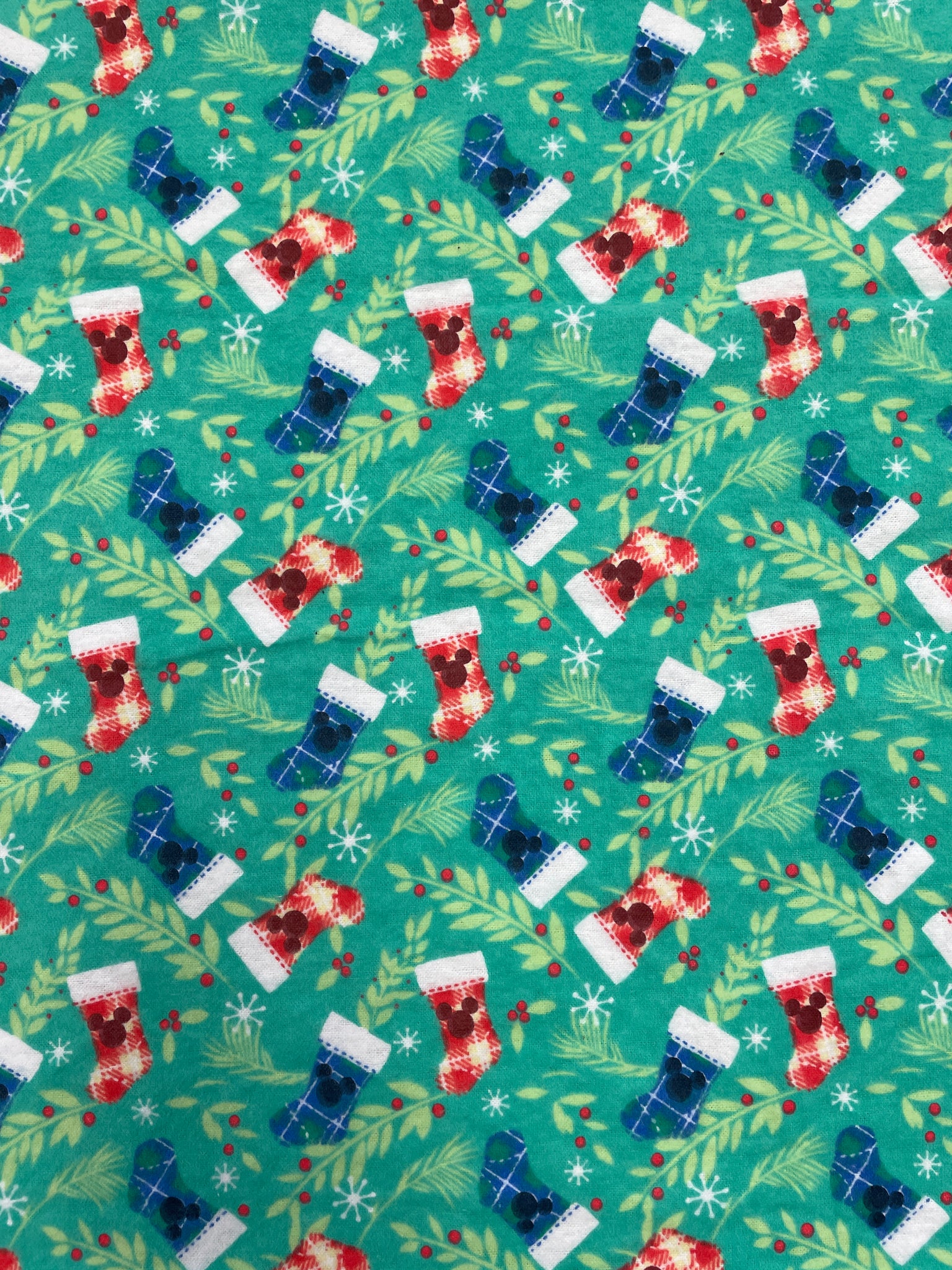 1 1/8 YD Cotton Flannel - Aqua with Mickey Mouse Christmas Stockings